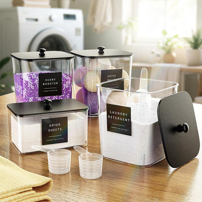 4Pcs Clear Laundry Storage Containers with Airtight Wooden Lids-Black