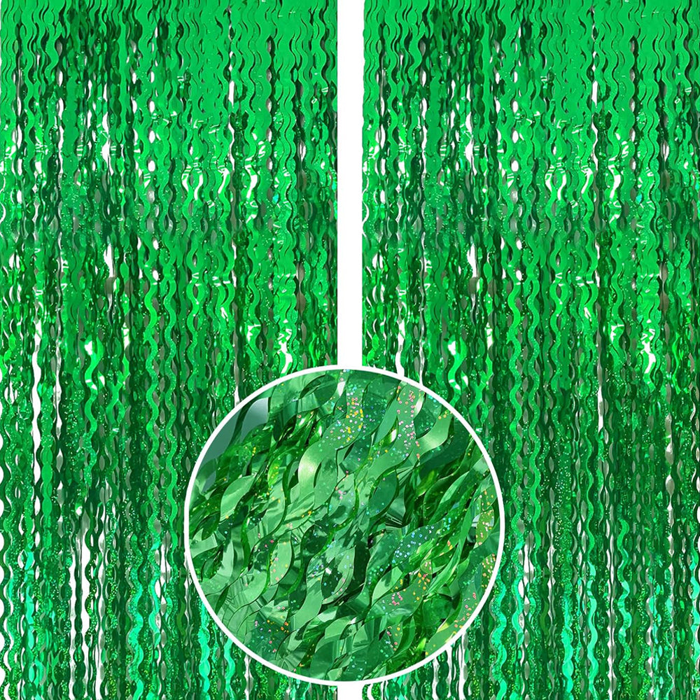 2 Piece Fringe Curtains Shiny PET Streamer Party Backdrop - Green