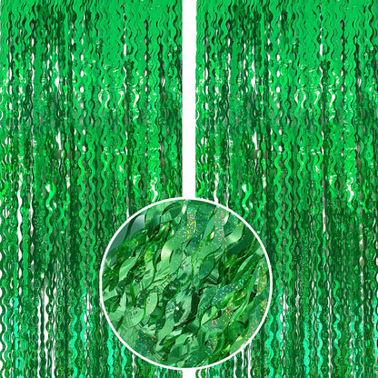 2 Piece Fringe Curtains Shiny PET Streamer Party Backdrop - Green