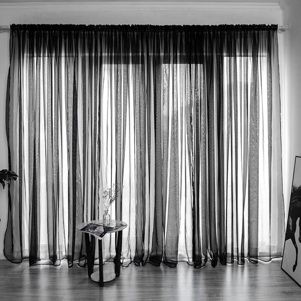 3 Piece Polyester Sheer Rod Pocket Curtains for Window Door  Divider - Black