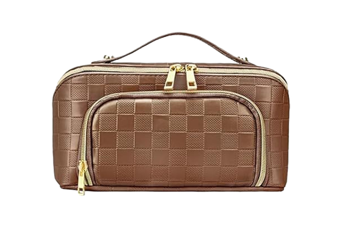 Large Capacity PU Leather Water-Resistant Checkered Cosmetic Bag Travel Makeup Bag-Brown