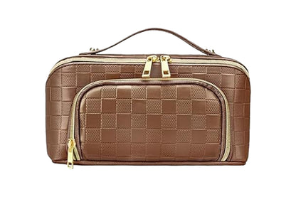 Large Capacity PU Leather Water-Resistant Checkered Cosmetic Bag Travel Makeup Bag-Brown