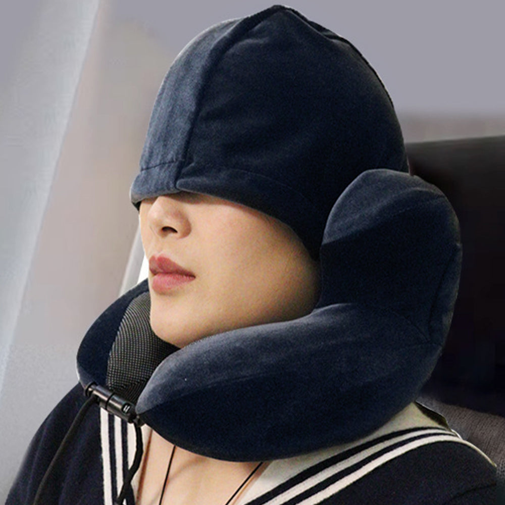Travel Neck Pillow Airplane Neck Support Pillow with Noise Reducing Earmuffs Deep Blue