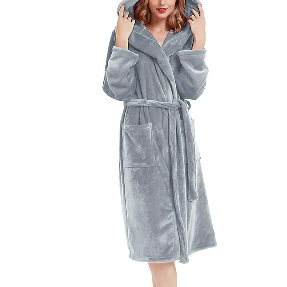 Warm Hooded Bathrobe Long Cozy Spa Hoodie Robes for Ladies Gray