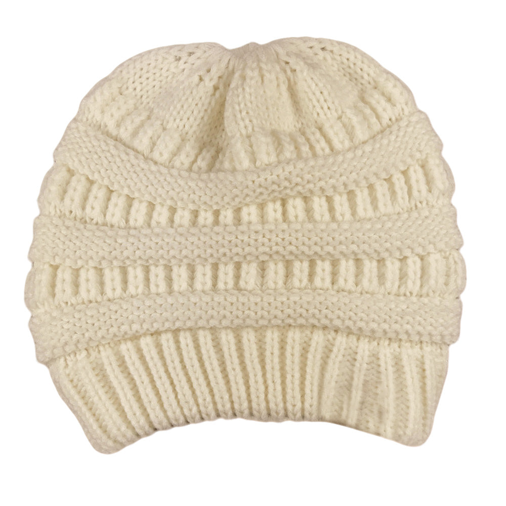 Winter Cable Knit Ponytail Beanie High Bun Crochet Hat - Beige