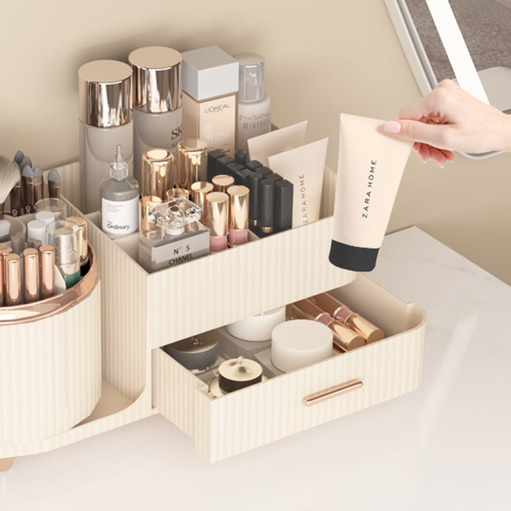 Rotating Makeup Organizer for Vanity with Brush Holder and Drawer Spinning Cosmetic Storage Case Beige