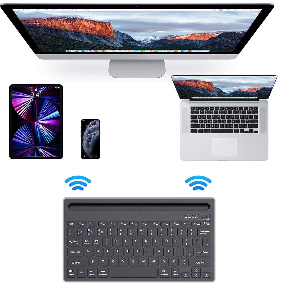 Wireless Keyboard with Phone and Tablet Stand for Windows MacOS iOS iPad-Black