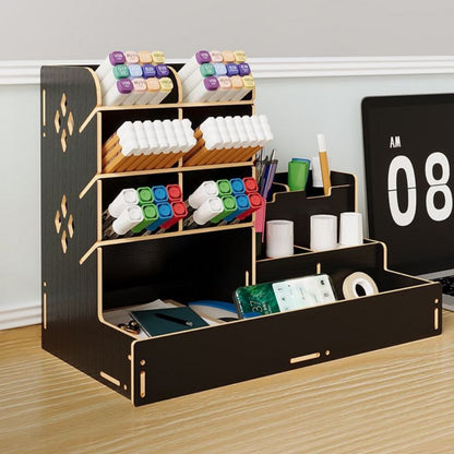 6 Compartment Wooden Desk Organizer with Drawers Art Supplies Storage Desktop Stationary-Black