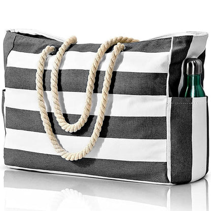 Large Striped Zipper Beach Tote Bag for Travel & Outdoor Vacations Black