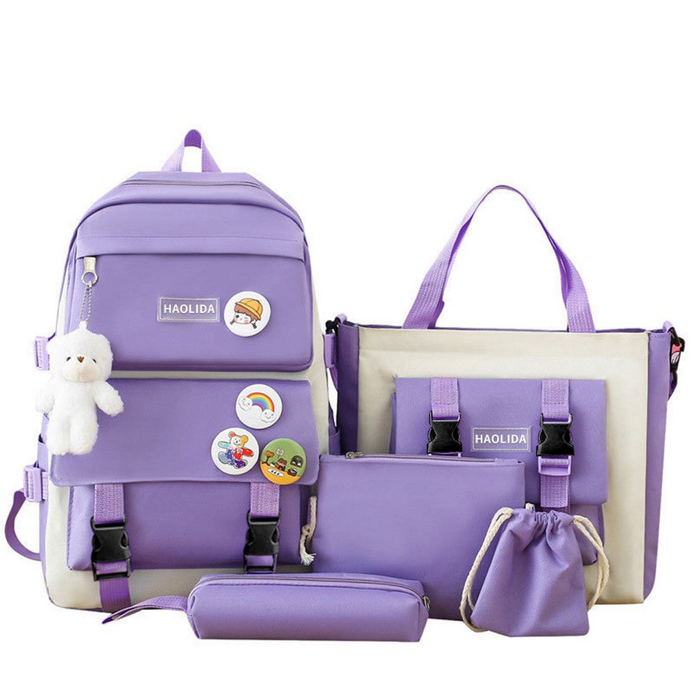 5Pcs Backpack Set for Girls with Tote Bag for Primary Elementary High School-Purple