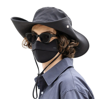 Foldable Wide Brim UV Sun Hat with Wind Strap for Fishing Hiking - Dark Grey