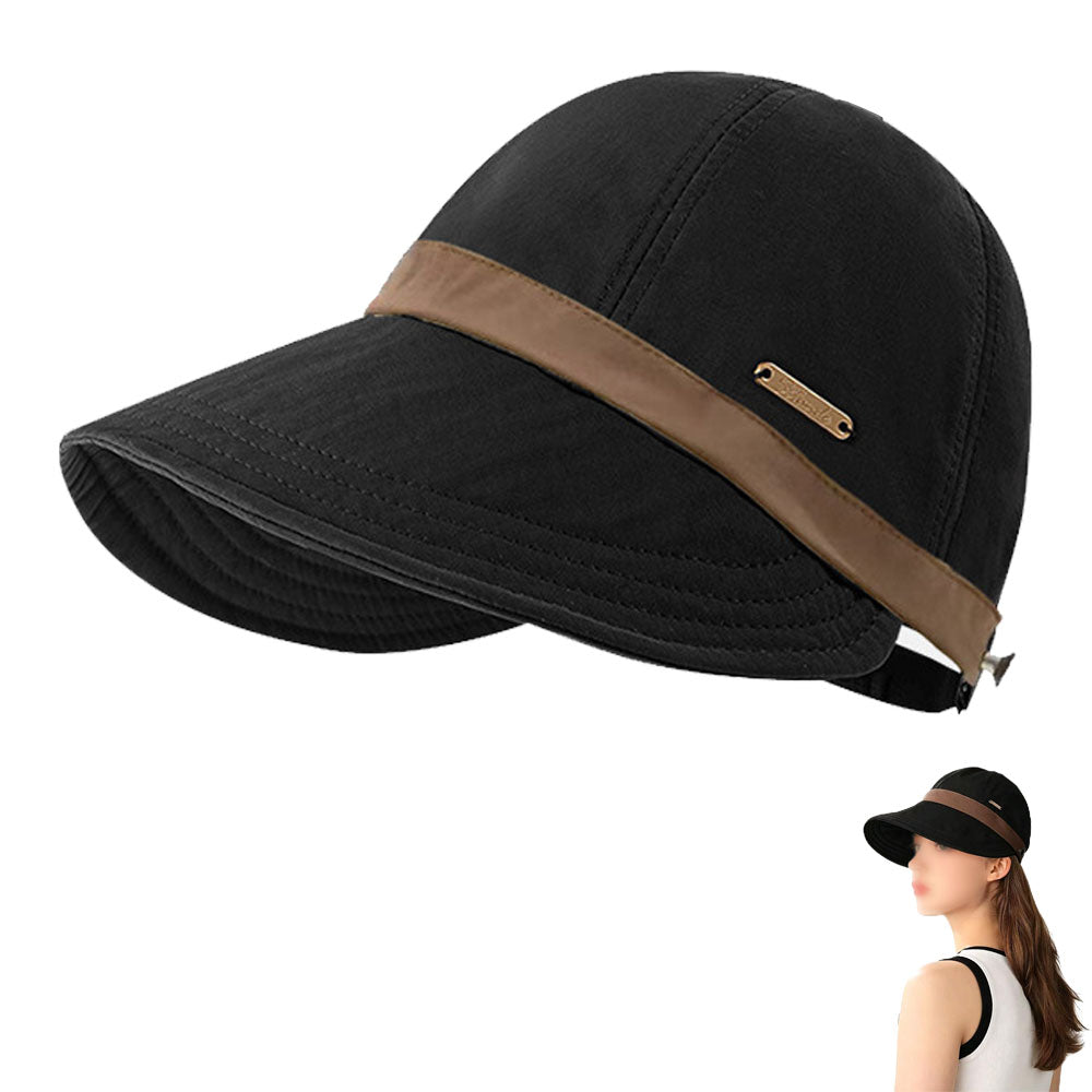 Womens Wide Brim Ponytail Sun Hat Breathable Beach Cap - Black