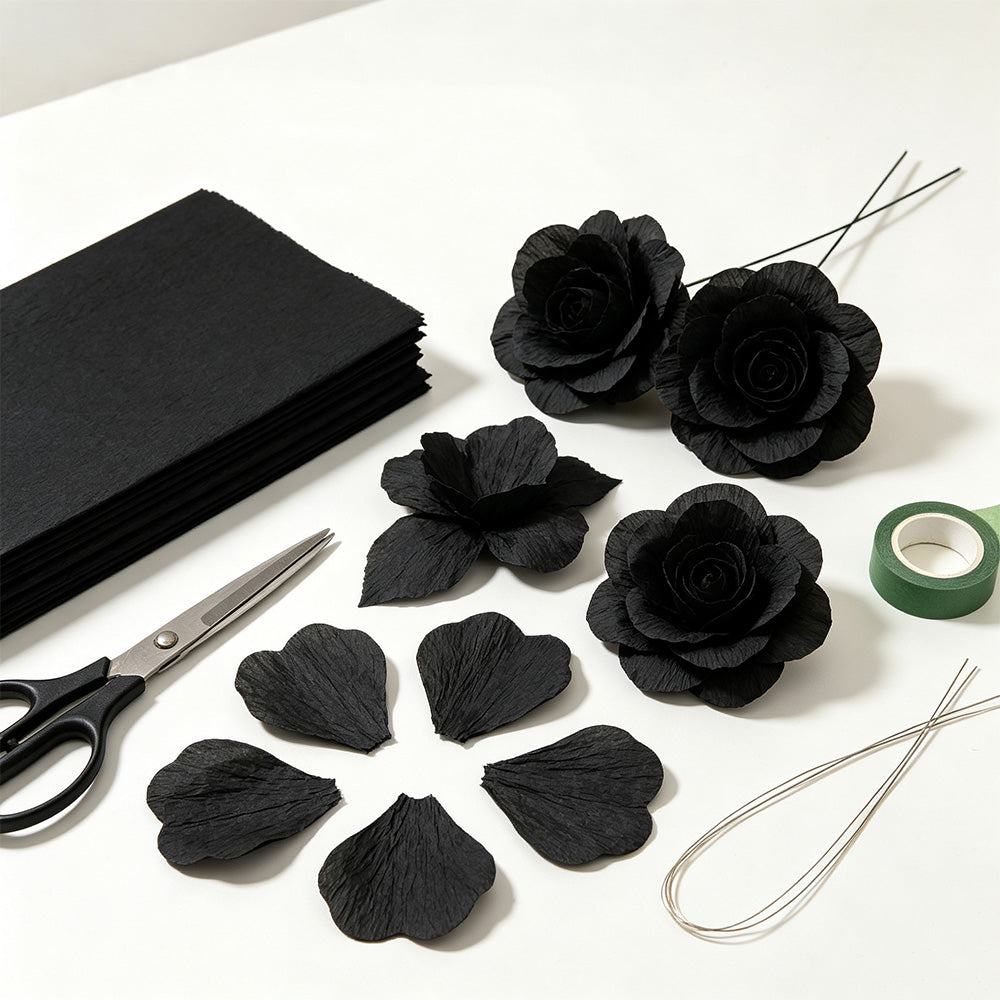 10 Crepe Paper Sheets for Gift Wrapping and Flower Crafts - Black