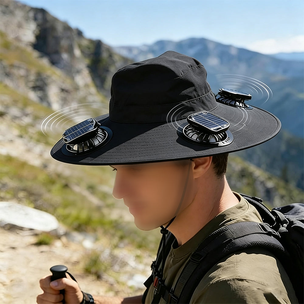 Solar Fan Hat with 3 Fans and USB Charging Cooling Hat - Black