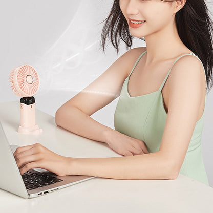 3-in-1 5 Speed USB Handheld Fan Mini Folding Digital Display Fan with Lanyard and Base Pink