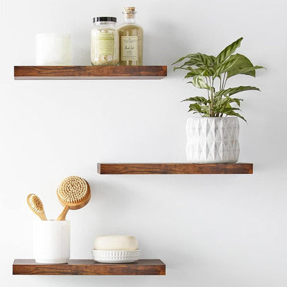 3Pcs Set Wall Mounted Floating Shelves Hanging Wood Storage Shelves for Home Bathroom Brown