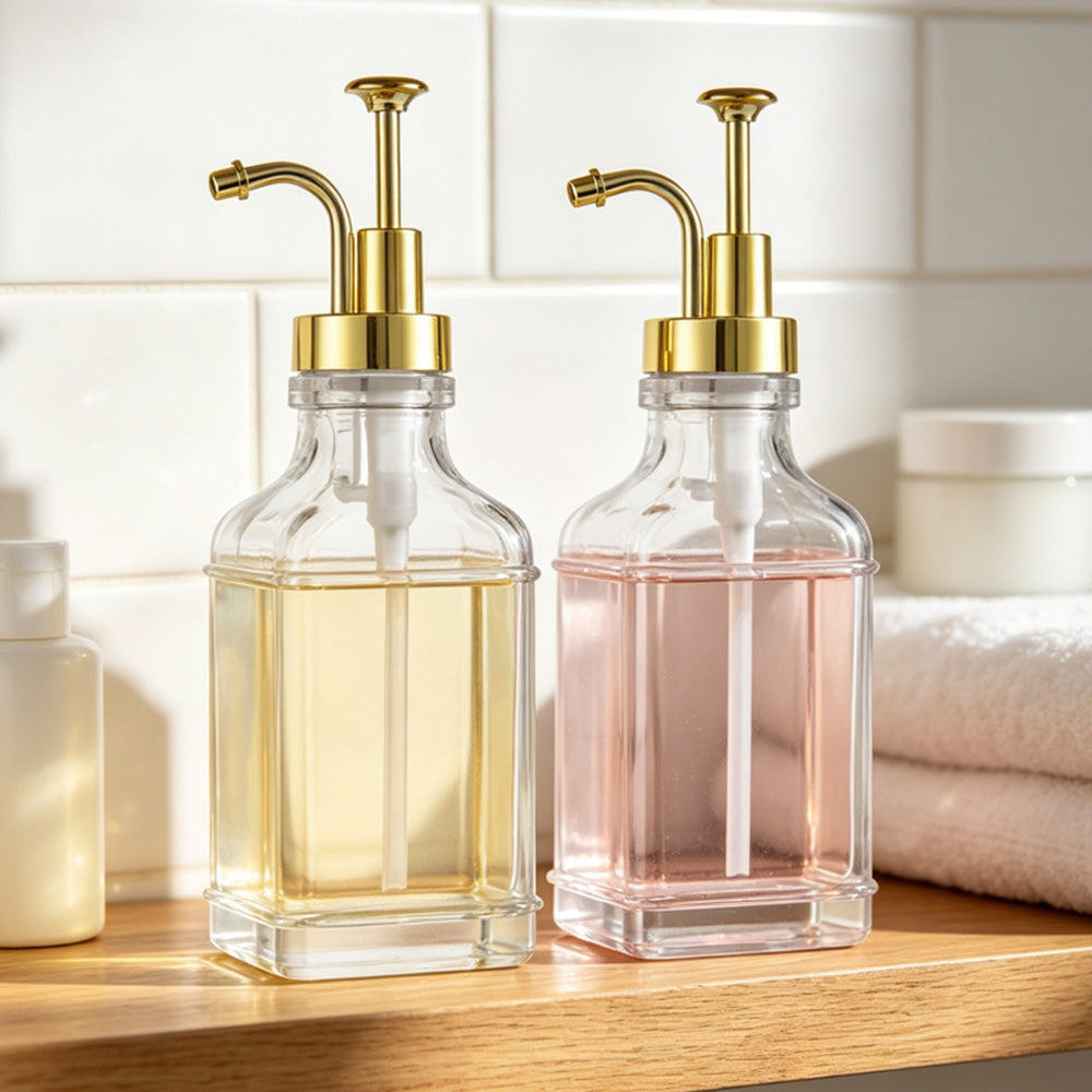 2 Pack 500ml Square Glass Syrup Soap Dispenser Bottles with Funnel - Gold