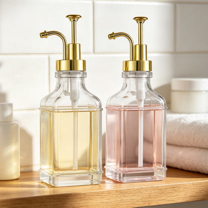 2 Pack 500ml Square Glass Syrup Soap Dispenser Bottles with Funnel - Gold