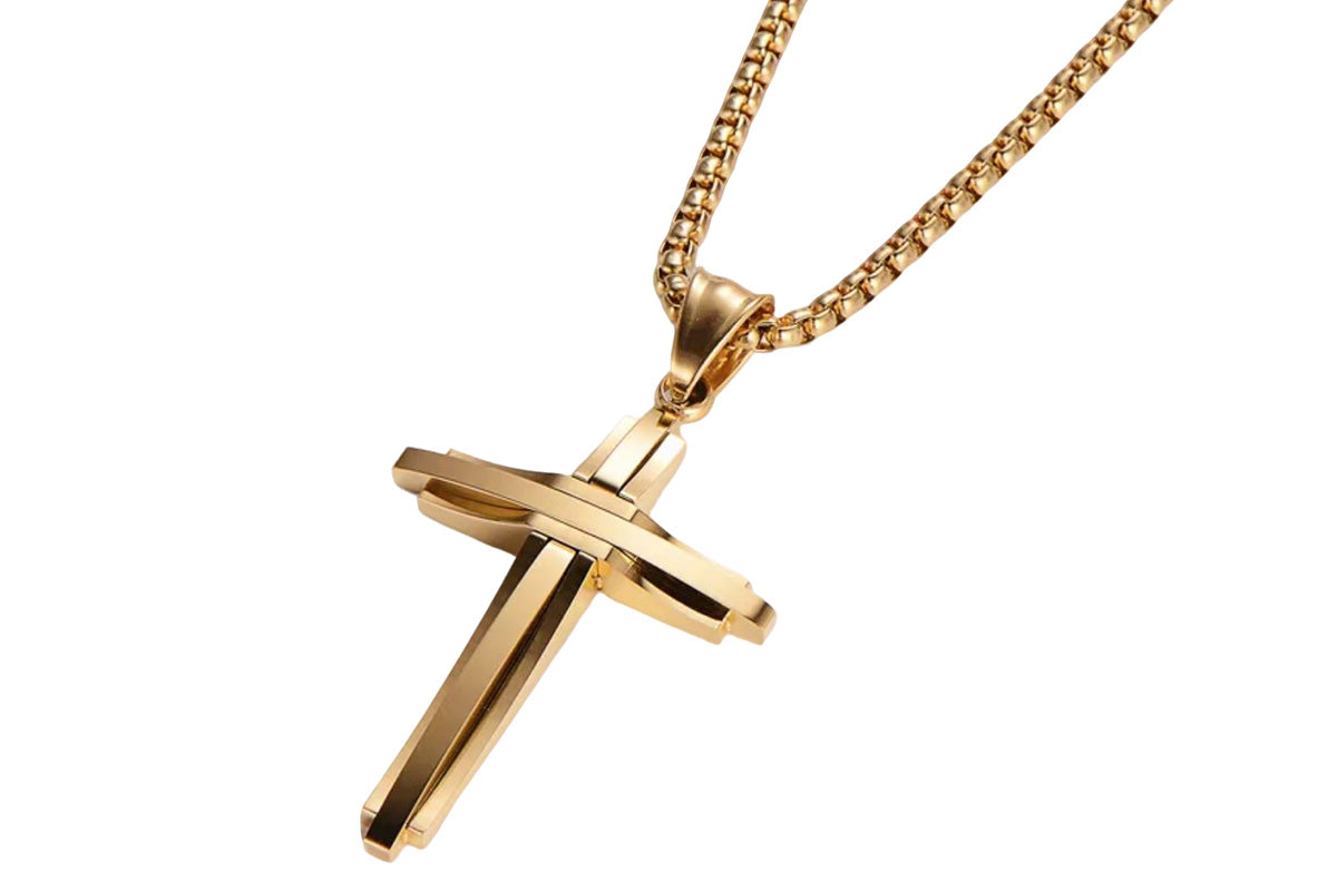 Crucifix Pendant Necklace Titanium Steel Unisex Chain -Gold