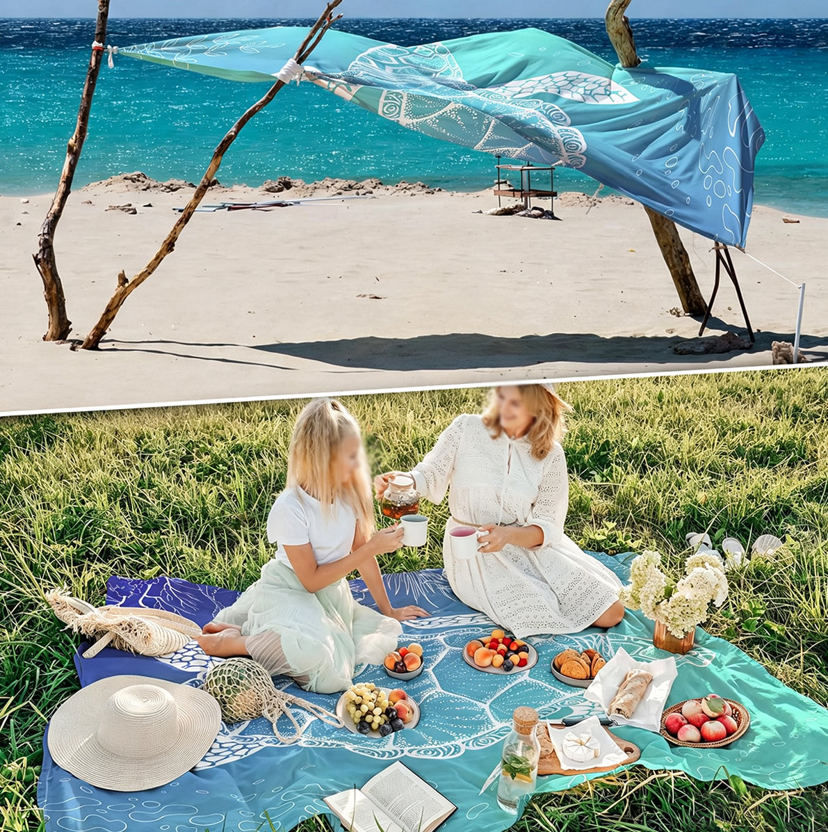 Waterproof Beach Mat Picnic Blanket with Stakes - Blue