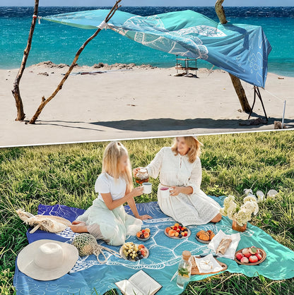 Waterproof Beach Mat Picnic Blanket with Stakes - Blue