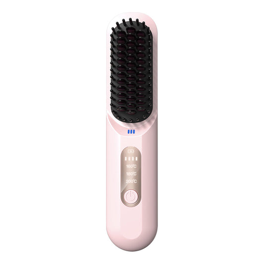 Cordless Hair Straightener Brush Mini Anion Hot Straightener Comb with LED Display Pink