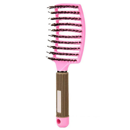 Detangle Nylon Boar Bristle Brush Head Scalp Massage Comb For Fine Hair-Pink