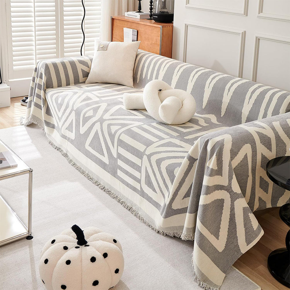 Boho Couch Cover Geometric Sofa Blanket Furniture Protector Grey