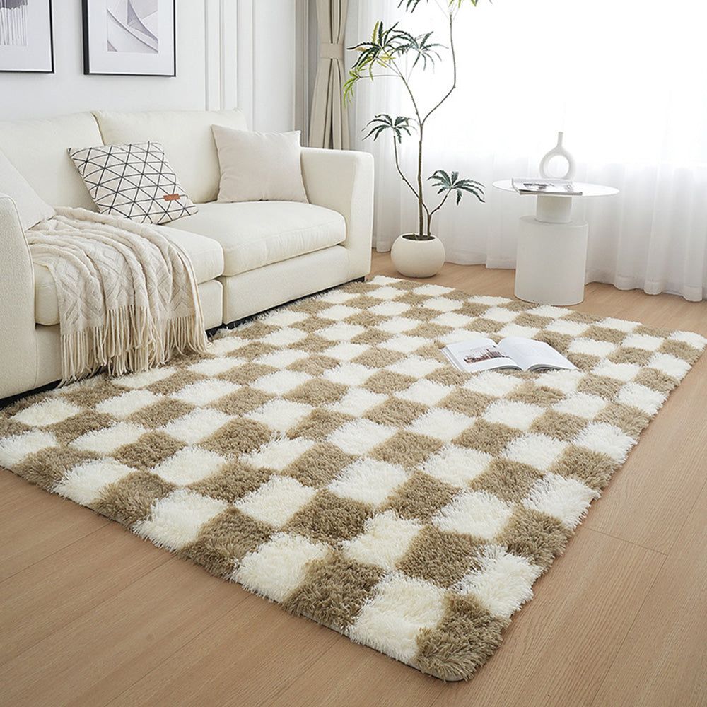 Checkered Plush Shaggy Rug Thickened Non Slip Carpet for Living Room Bedroom-Khaki