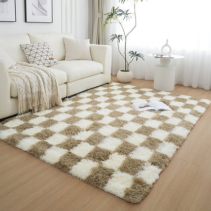Checkered Plush Shaggy Rug Thickened Non Slip Carpet for Living Room Bedroom-Khaki