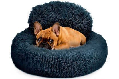 Calming Donut Dog Bed Anti-Slip Fluffy Plush Faux Fur Pet Bed for Most Dogs -Dark Grey