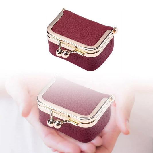 Mini Genuine Leather Jewelry Box Portable Vintage-Inspired Jewelry Case with Kiss Lock for Earring Ring Pink Wine Red