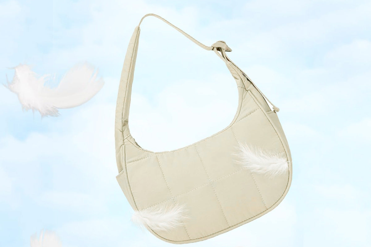 Puffer Crescent Shoulder Bag for Women Quilted Handbag with Adjustable Strap -Beige