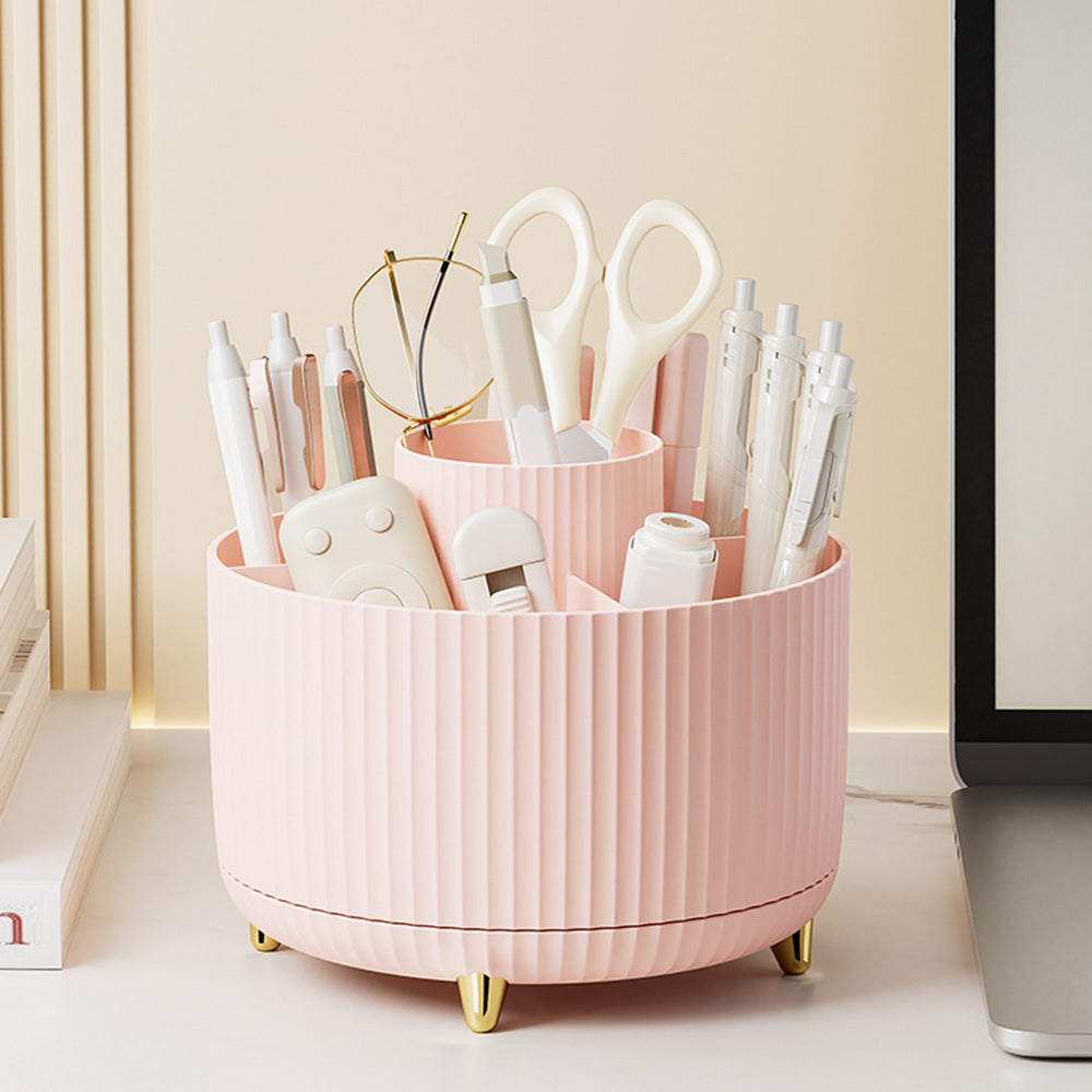 360 Degree Rotating Desk Organizer with 4 Slots For Pencil and Pen Holder-Pink