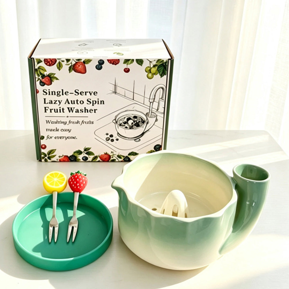 Self-Spinning Ceramic Berry Washing Bowl Set with  2 Fruit Forks - Green