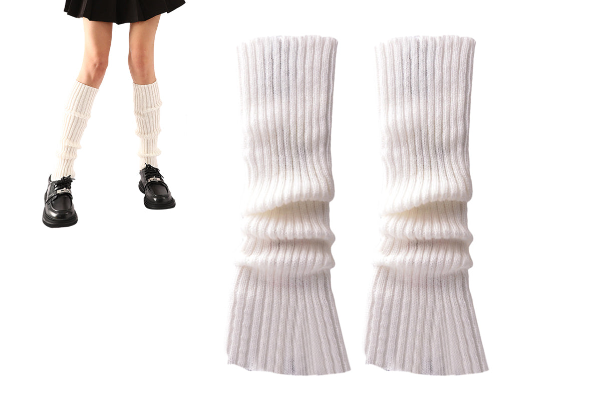 Ribbed Knit Leg Warmers Crochet Long Boot Socks - White