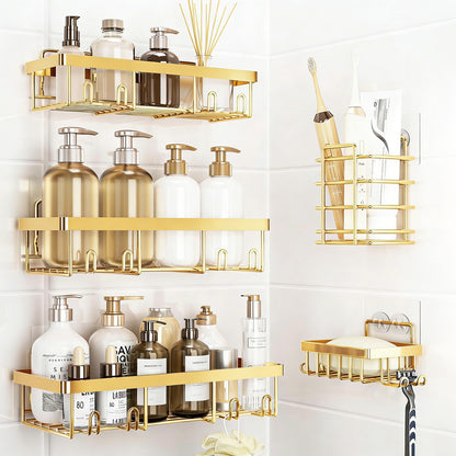 5Pcs Shower Caddy Adhesive Bathroom Wall Organizer Rack-Gold
