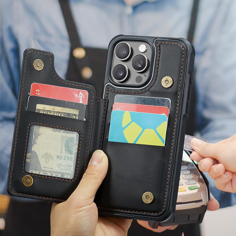 For iPhone 16 Series RFID Blocking Wallet Case with Card Holder Shockproof Phone Cover for Women Men Black