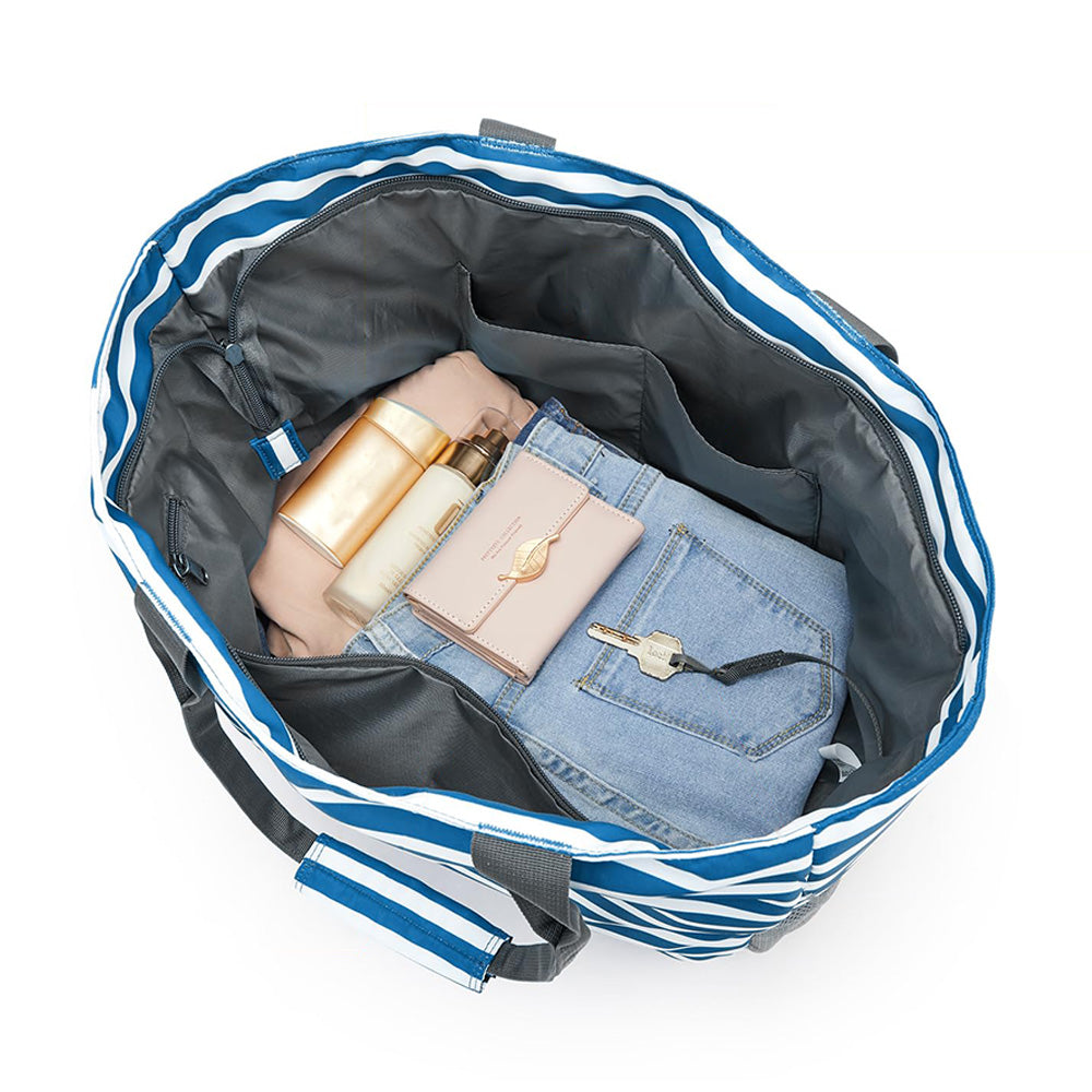 Beach Bag Large Foldable Sandproof Totes Bag With Zipper Beach Shoulder Bag-Blue