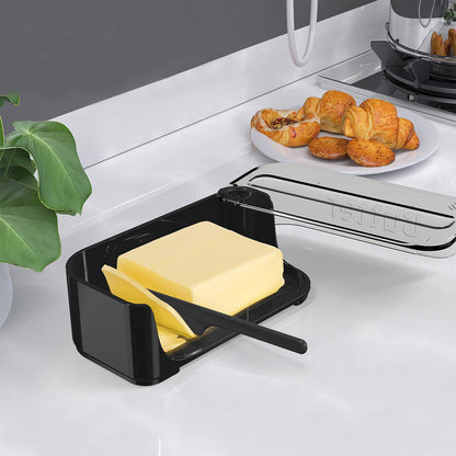 Plastic Butter Dish with Lid and Scale Line Butter Container with 180 Degrees Rotating Sealing Flip-Top for Countertop Fridge Black
