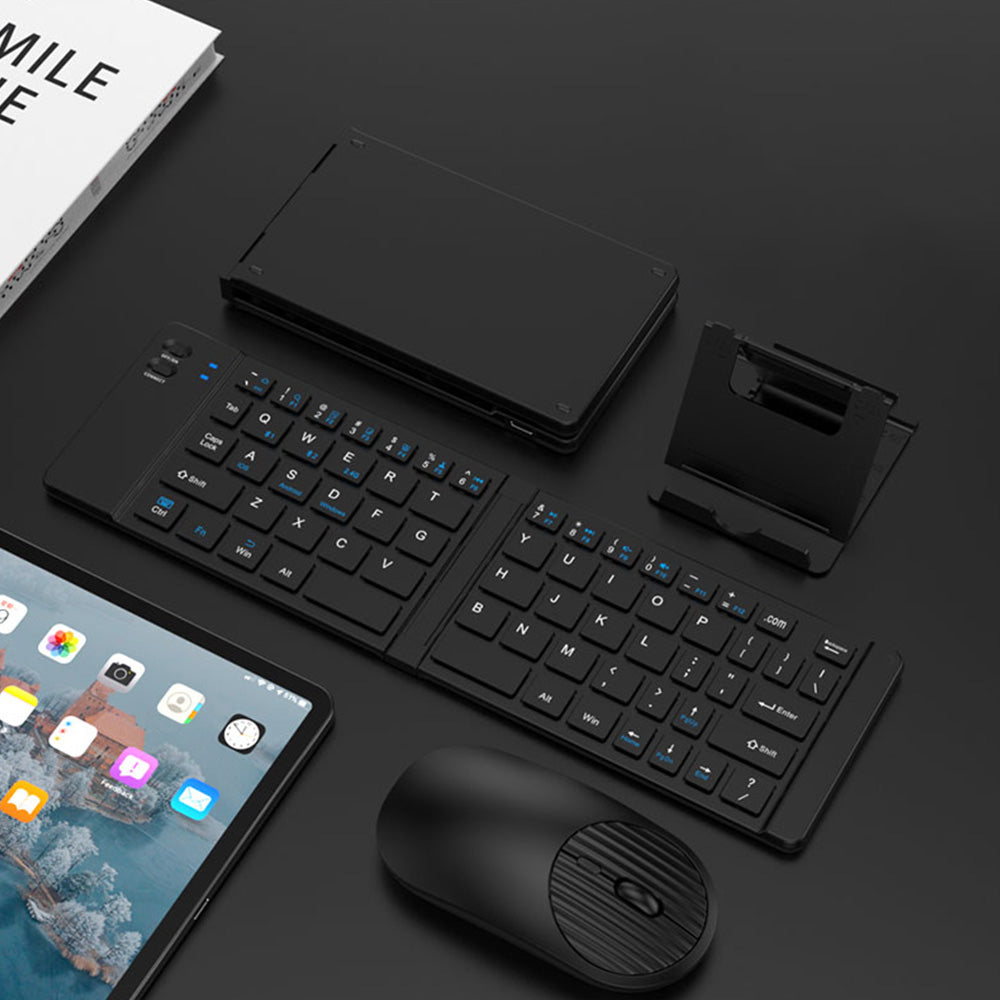 Foldable Wireless Keyboard Mouse Set Tri-Mode Bluetooth 2.4G Rechargeable - Black