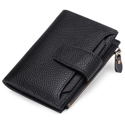 Genuine Leather Women's Wallet Short RFID Blocking Purse with Zipper Black