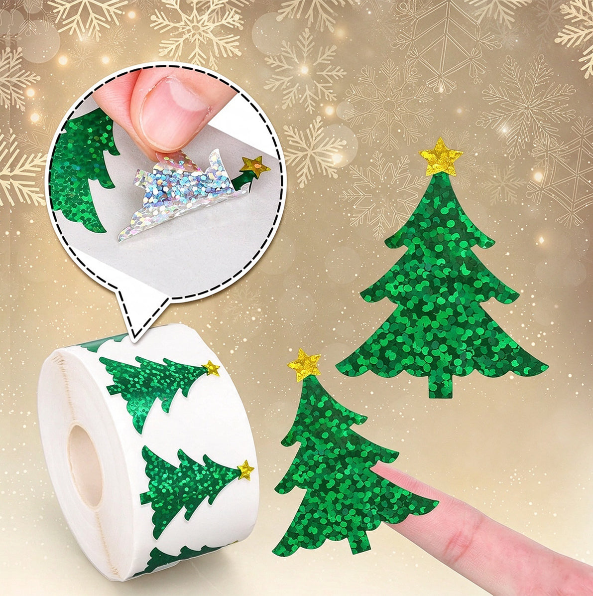 2 Rolls of 500 Christmas Holographic Stickers 3cm Diameter - Christmas Tree