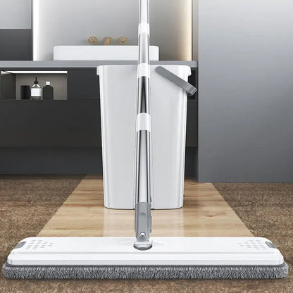 360-degree Rotatable Flat Floor Mop and Bucket Set with 4 Microfiber Mop Pads Floor Cleaning Tool White