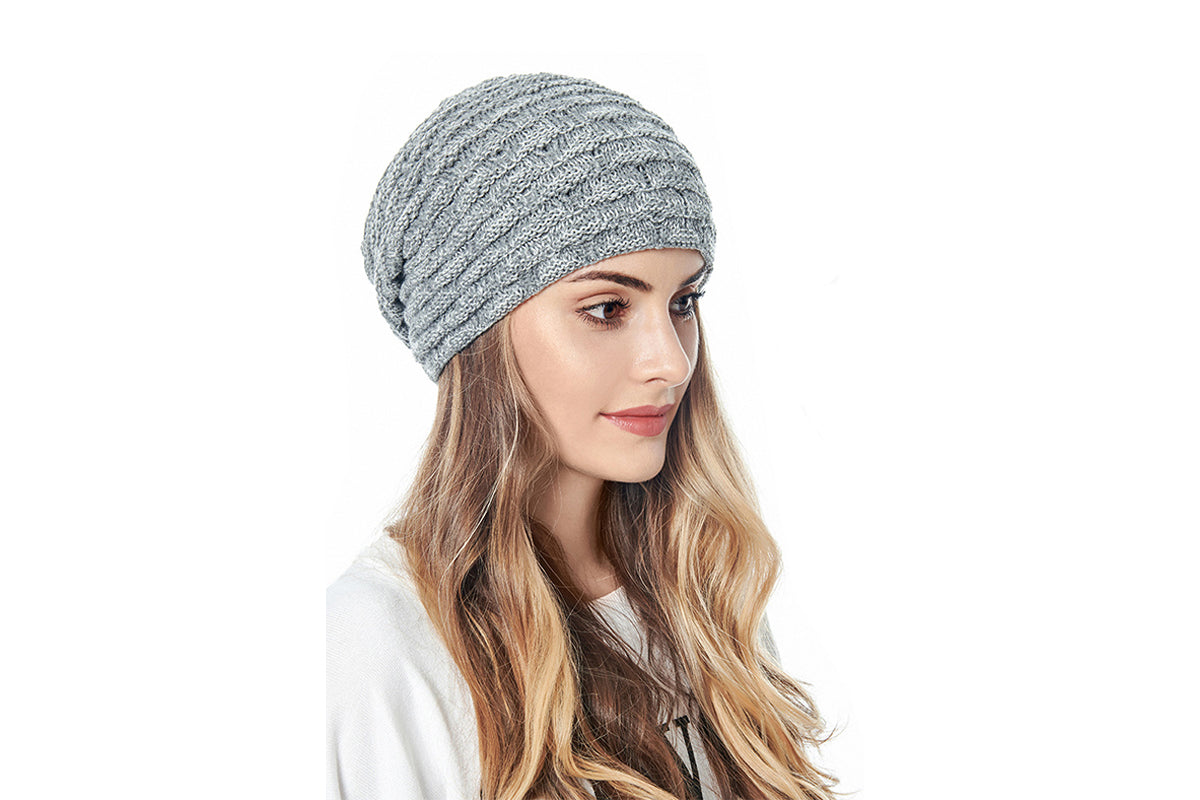 Men Women Unisex Winter Warm Fleece Lined Slouchy Knit Beanie Hat-Grey