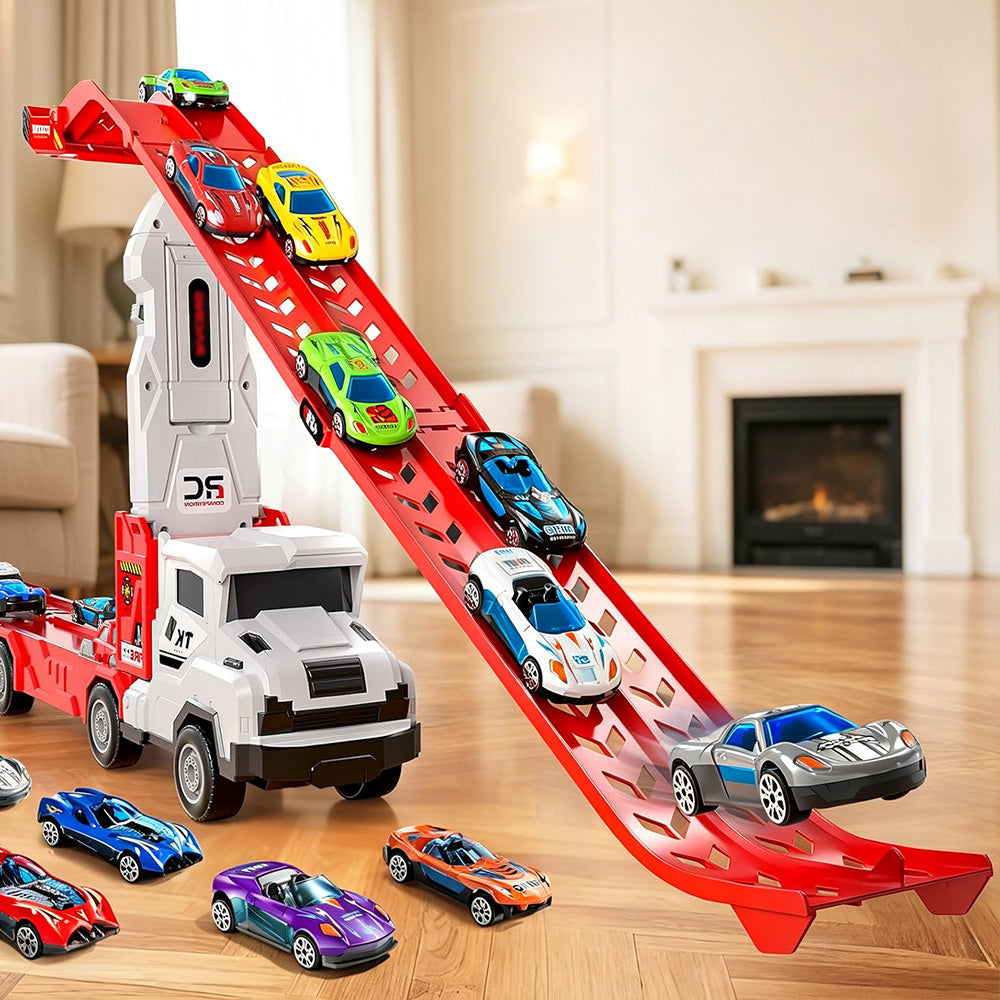 Large Dual Track Transporter Truck Toy Set with 6 Alloy Racing Cars - Red