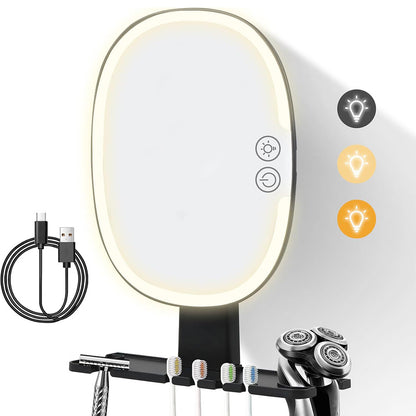 Bathroom Anti Fog Mirror with Lights Built In Shelf No Drilling Installation for Shower Room-Round
