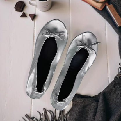 Women Foldable Indoor Ballet Flat Roll Slipper Shoes Dance Shoes Party Ball Prom-Sliver