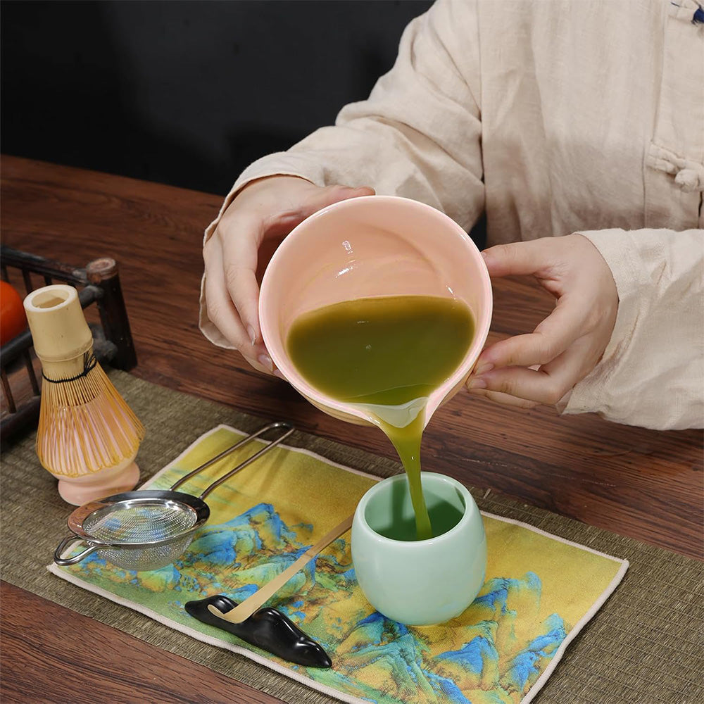 5-Piece Set Traditional Matcha Tea Tools Bamboo Whisk Ceramic Bowl Accessories for Matcha Brewing Pink