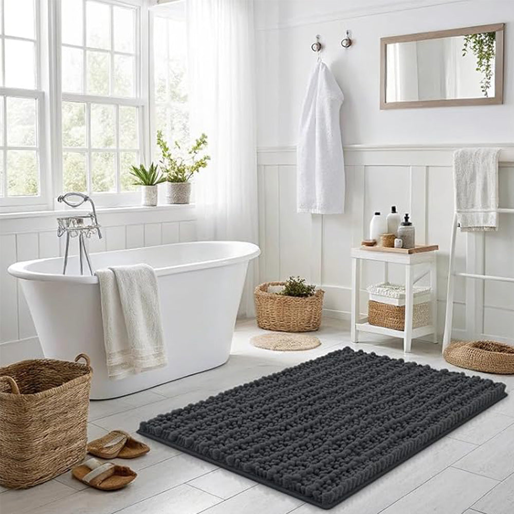 Chenille Fabric Bathroom Rugs Mat With Non Slip Rubber Backing Home Decor Accessories-Grey
